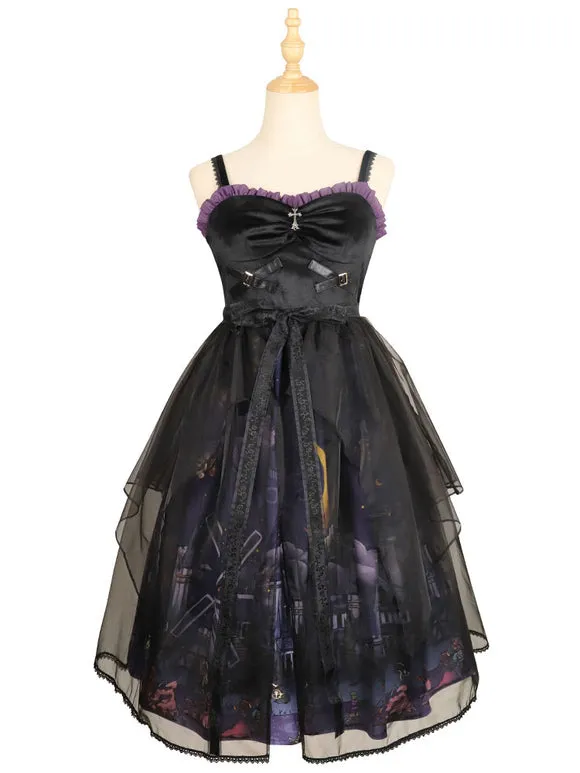 Gothic Lolita JSK Dress 3-Piece Set Polyester Cummerbund Cover-Up Jumper Black Lolita Jumper Skirt