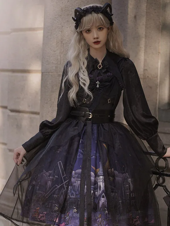 Gothic Lolita JSK Dress 3-Piece Set Polyester Cummerbund Cover-Up Jumper Black Lolita Jumper Skirt