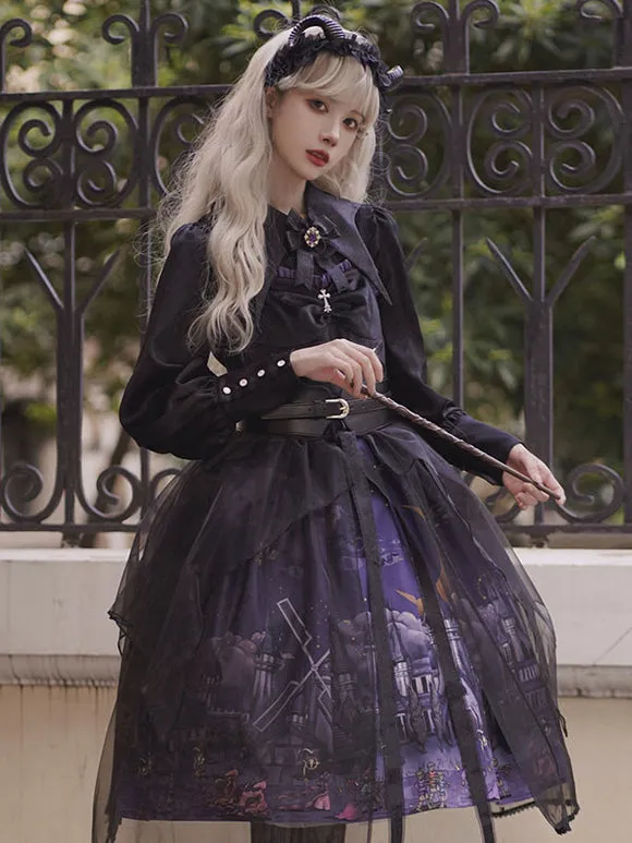 Gothic Lolita JSK Dress 3-Piece Set Polyester Cummerbund Cover-Up Jumper Black Lolita Jumper Skirt
