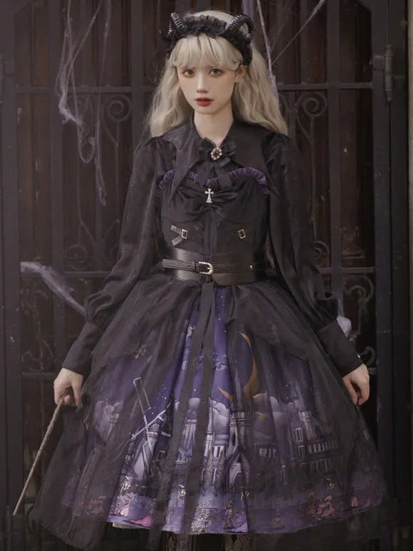 Gothic Lolita JSK Dress 3-Piece Set Polyester Cummerbund Cover-Up Jumper Black Lolita Jumper Skirt