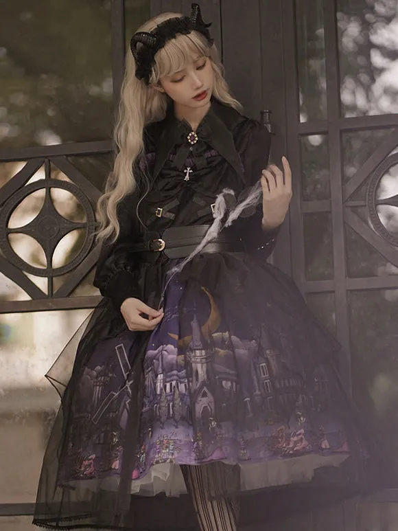 Gothic Lolita JSK Dress 3-Piece Set Polyester Cummerbund Cover-Up Jumper Black Lolita Jumper Skirt