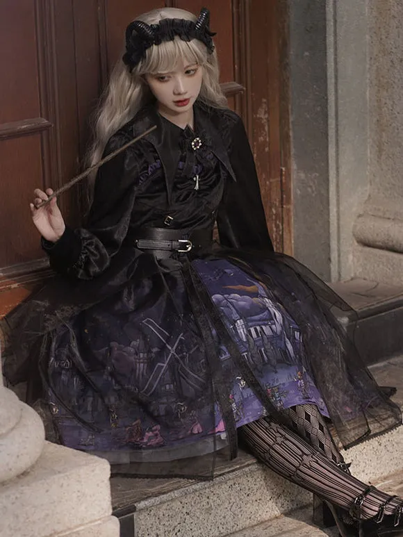 Gothic Lolita JSK Dress 3-Piece Set Polyester Cummerbund Cover-Up Jumper Black Lolita Jumper Skirt