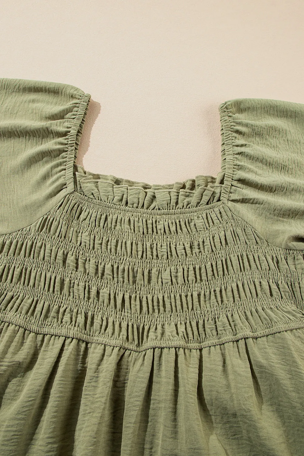 Grass Green Frilly Square Neck Flutter Sleeve Smocked High Waist Plus Size Dress