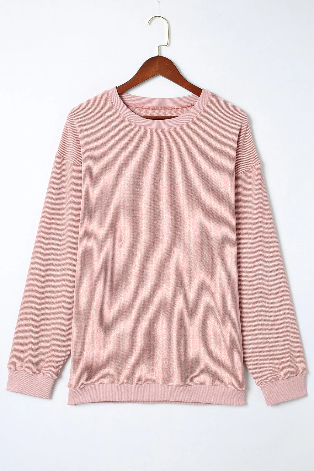Gray Solid Ribbed Knit Round Neck Pullover Sweatshirt