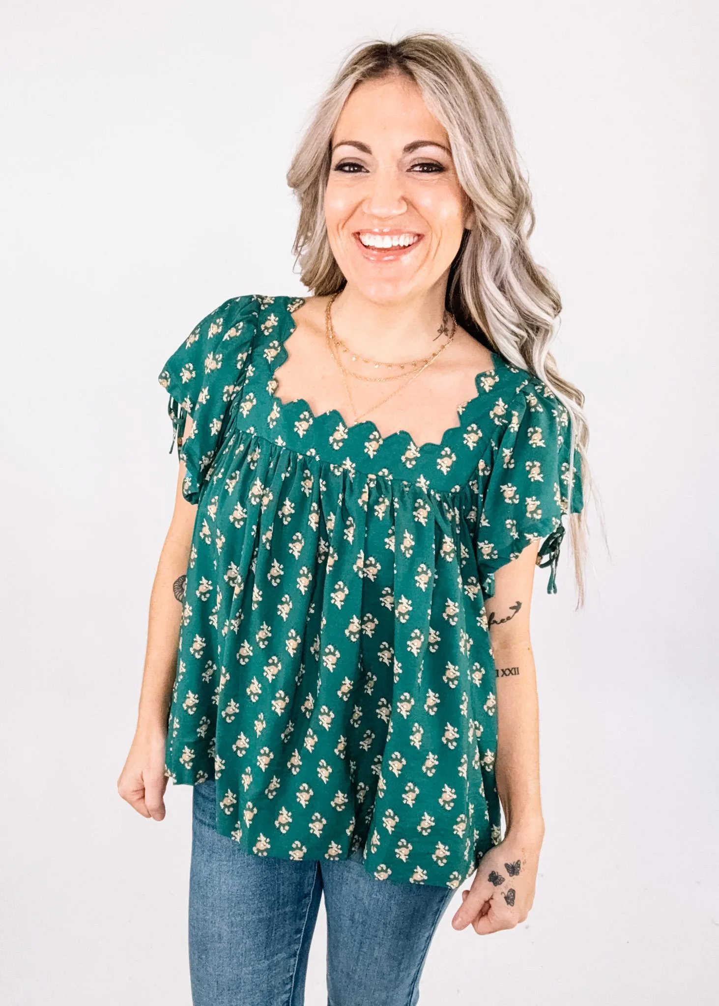 Green Floral Babydoll Blouse