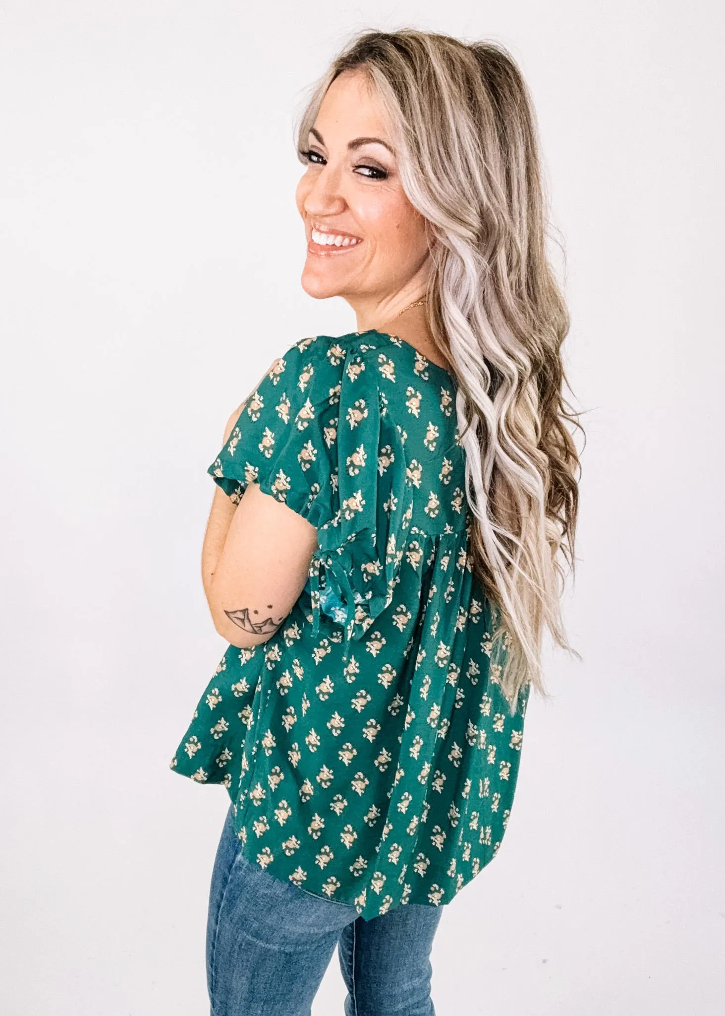 Green Floral Babydoll Blouse