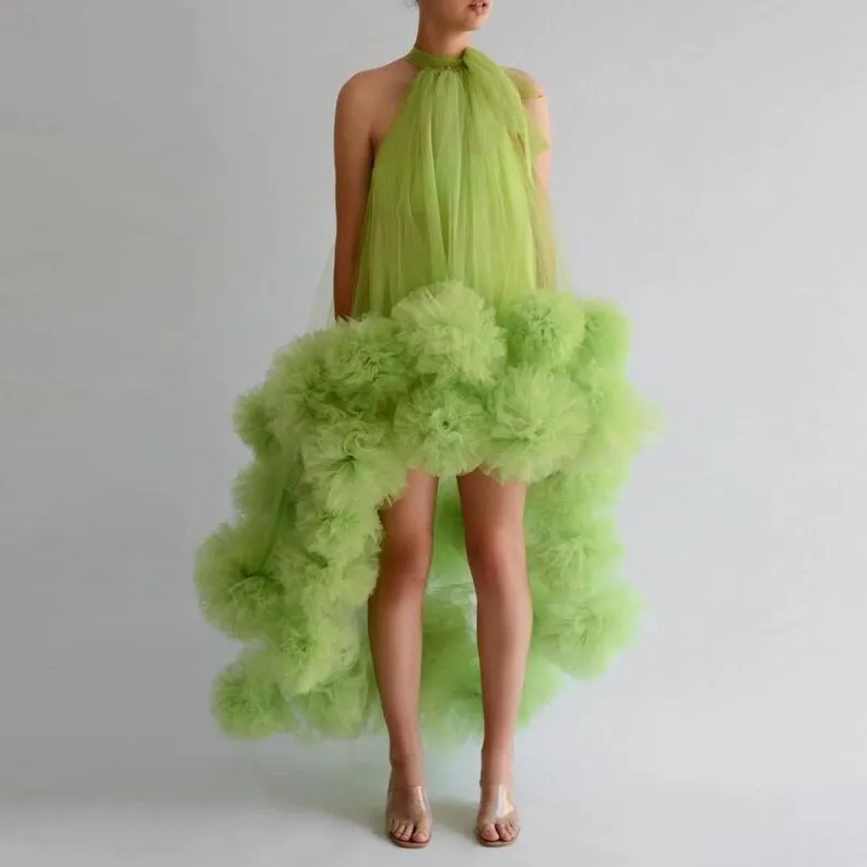 Green Floral Tulle High Low Dresses