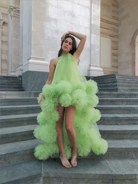 Green Floral Tulle High Low Dresses