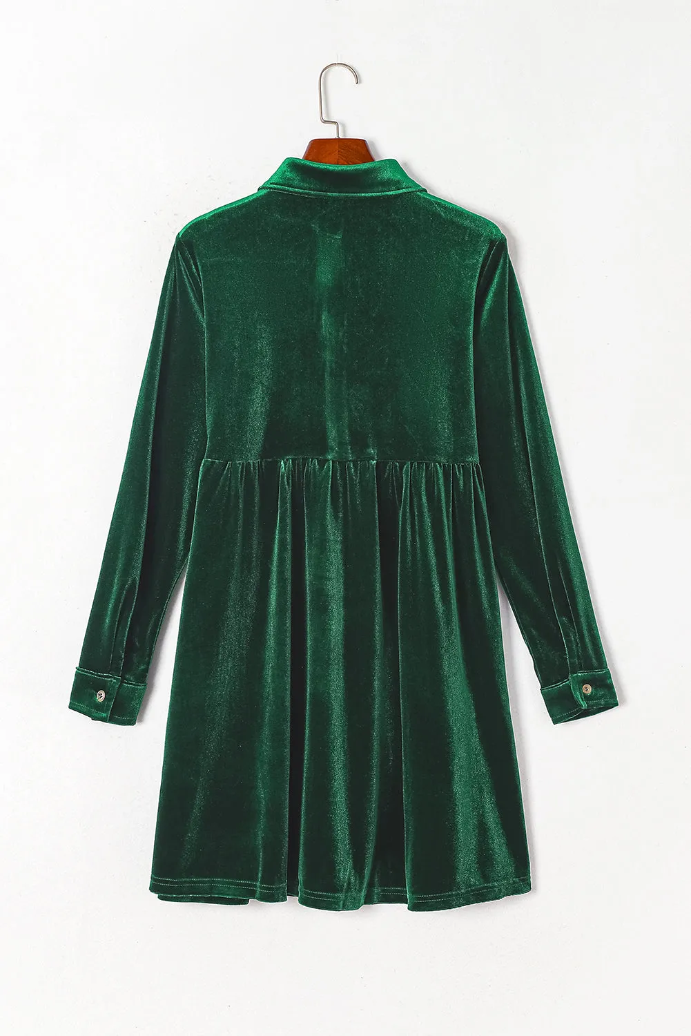 Green Long Sleeve Ruffle Velvet Button Up Dress