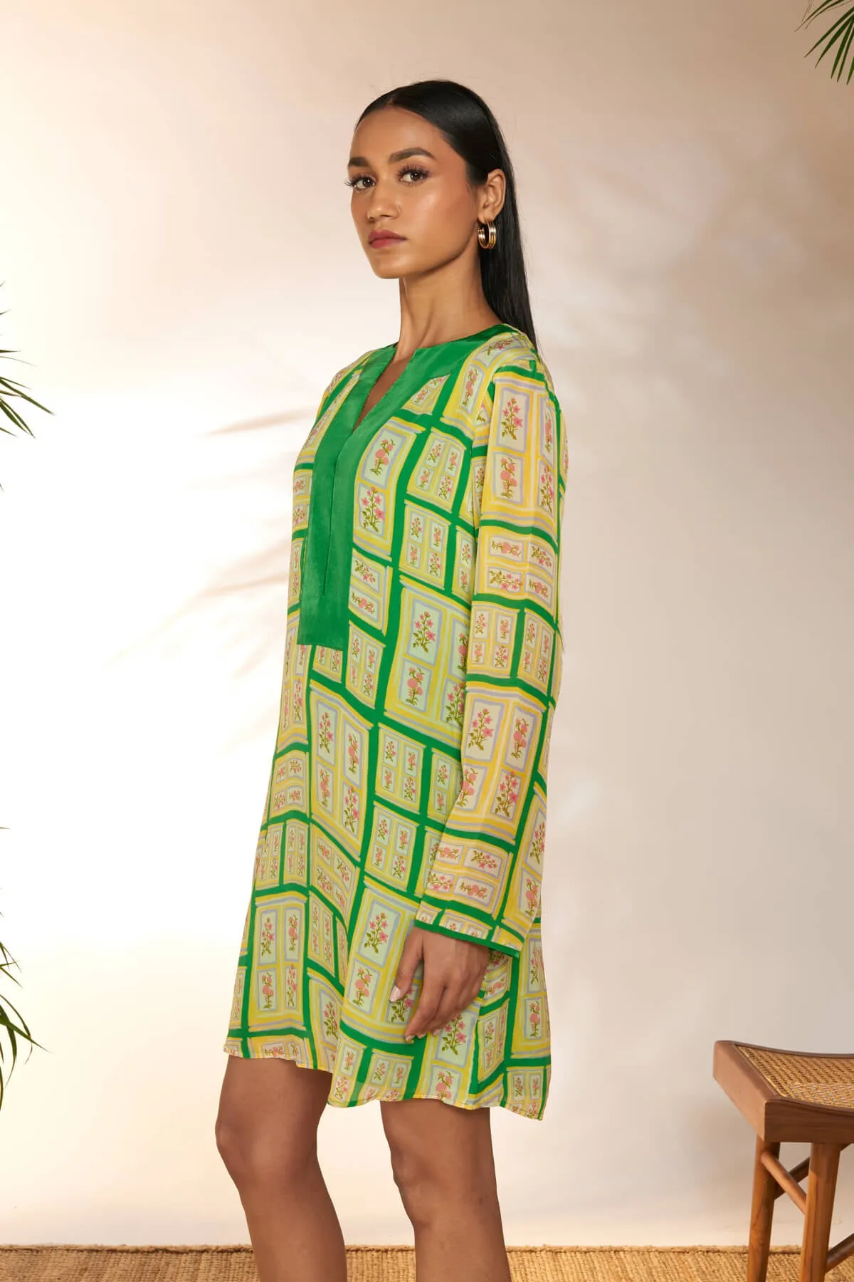 Green open doors mini dress