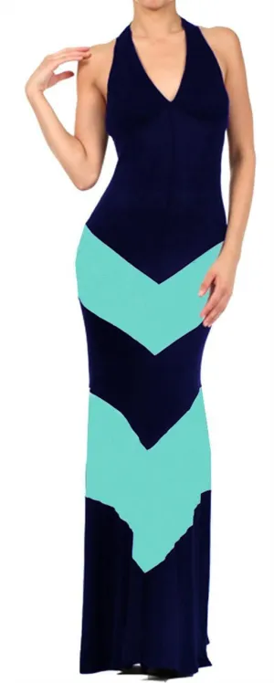 Halter Top Maxi Dress Chevron Navy Teal