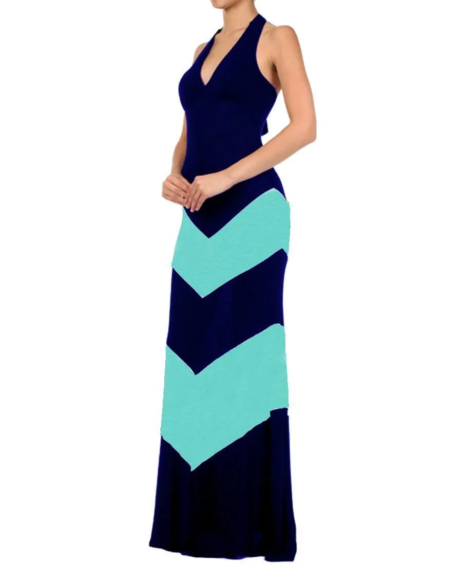 Halter Top Maxi Dress Chevron Navy Teal