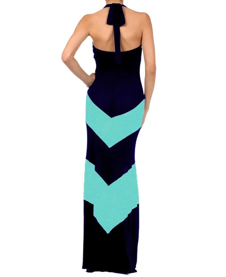 Halter Top Maxi Dress Chevron Navy Teal