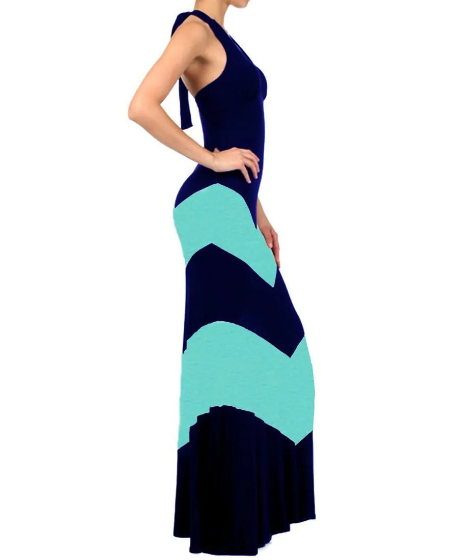 Halter Top Maxi Dress Chevron Navy Teal