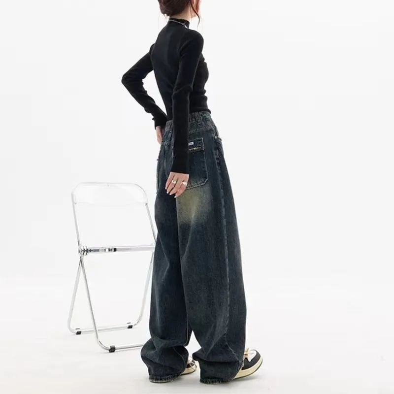 Harajuku Retro Washed Vintage Streeetwear Y2K Baggy Pants Fashion Women High Waist Jeans Wide Leg Straight Loose Denim Trousers