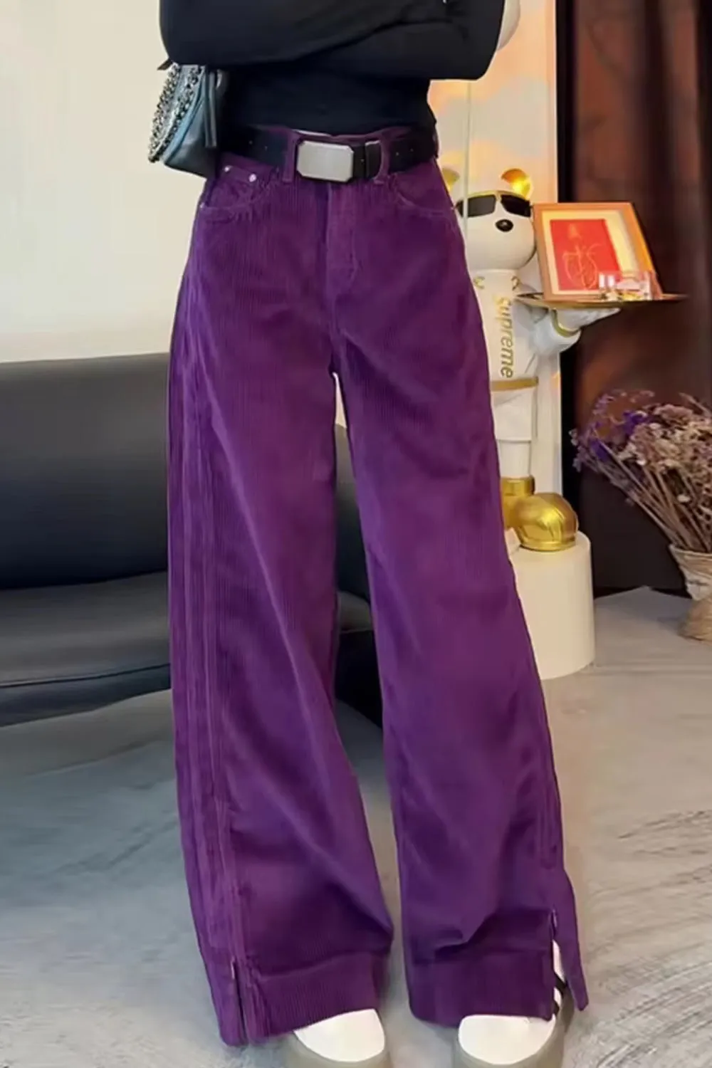 High Waist Ankle Zipper Purple Corduroy Long Pants