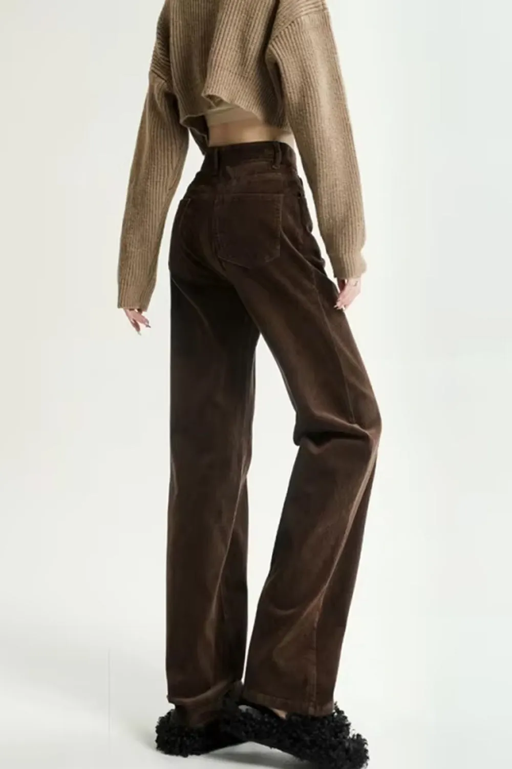 High Waist Retro Coffee Colors Corduroy Long Pants