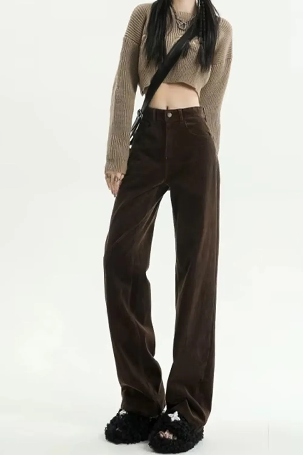 High Waist Retro Coffee Colors Corduroy Long Pants