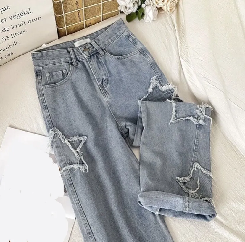 High Waist Stars Embroidered Long Jeans Pants