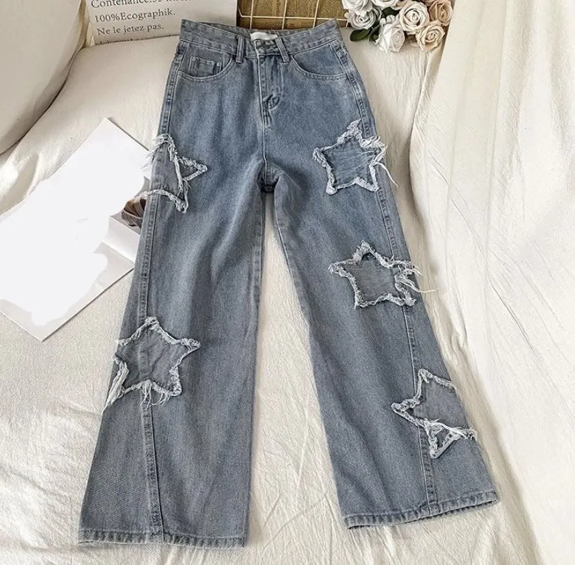 High Waist Stars Embroidered Long Jeans Pants