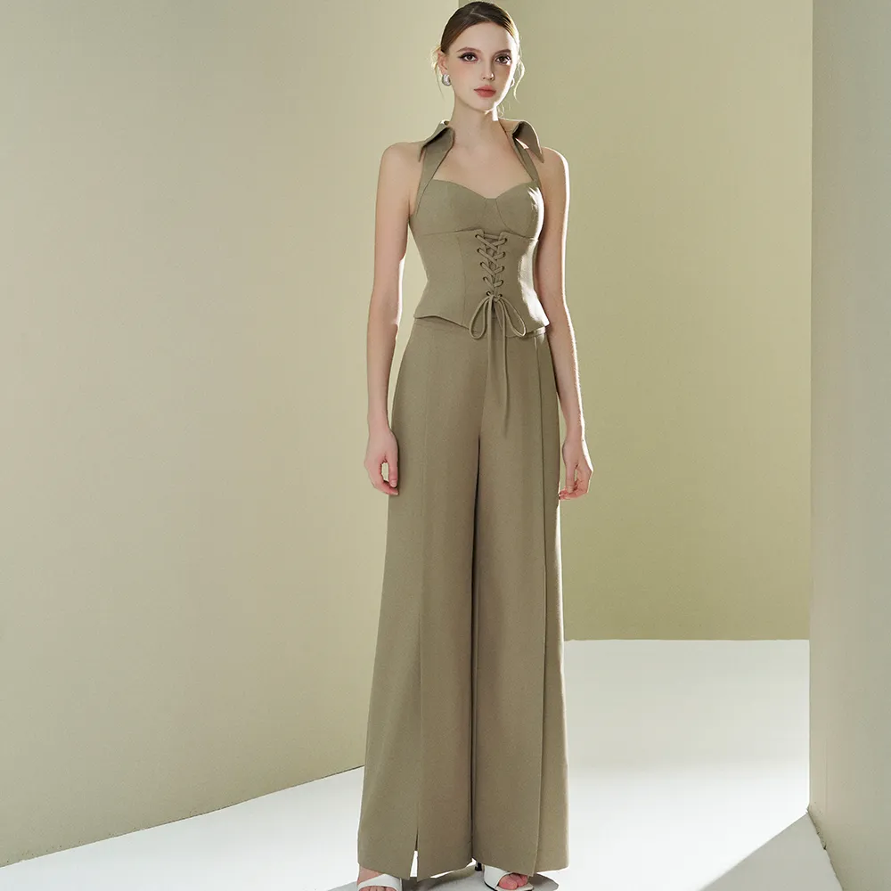 High-Waisted Silk Khaki Pants With Belt