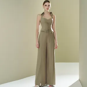 High-Waisted Silk Khaki Pants With Belt