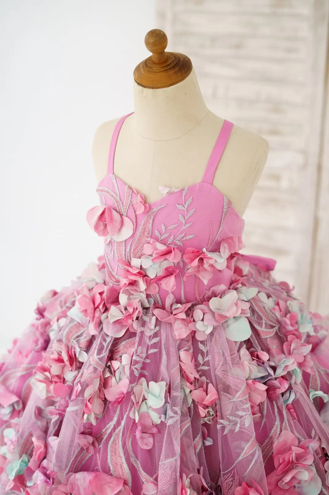 Hot Pink 3D Flower Spaghetti Straps Corset Back Wedding Flower Girl Dress