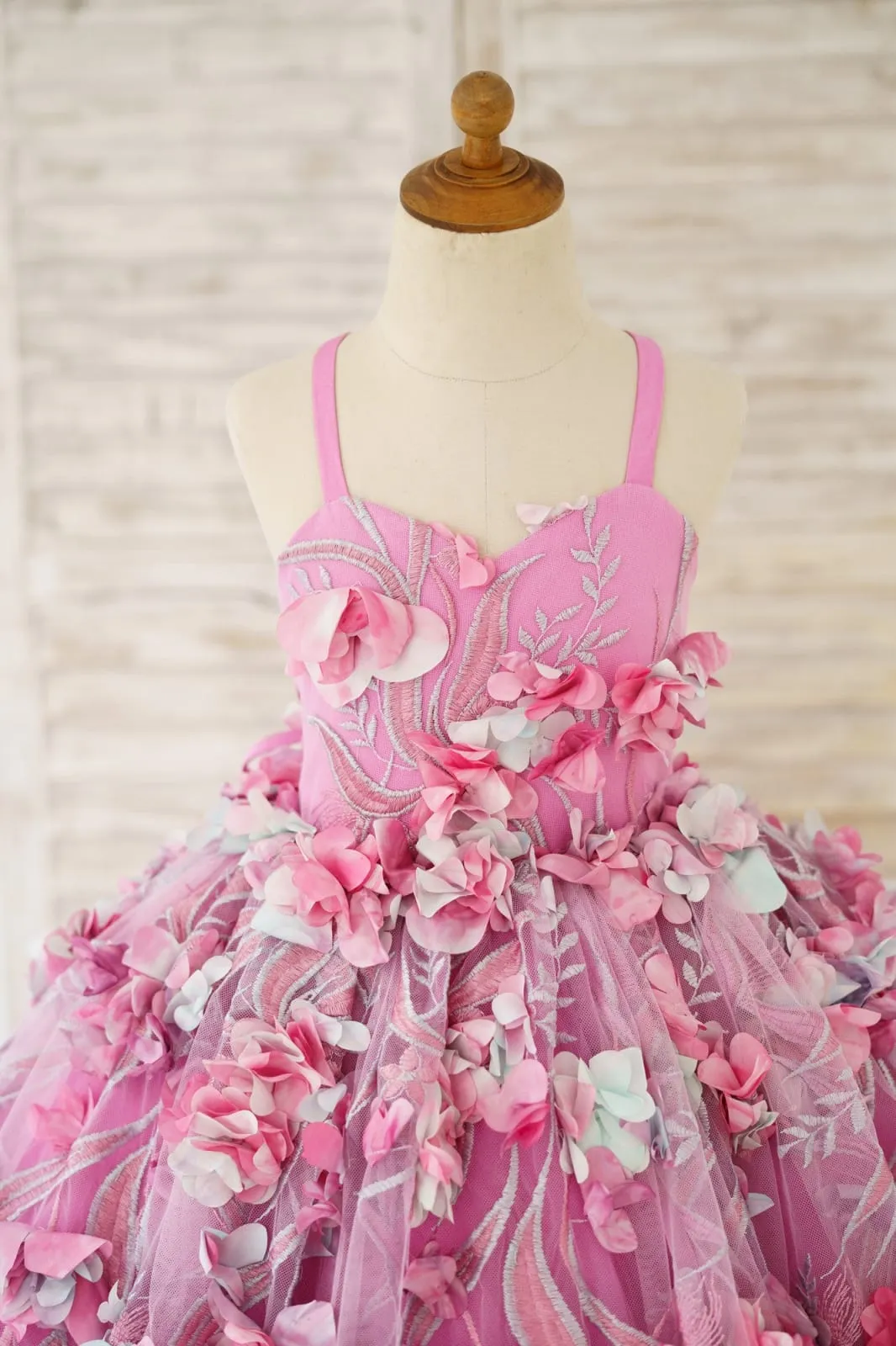 Hot Pink 3D Flower Spaghetti Straps Corset Back Wedding Flower Girl Dress