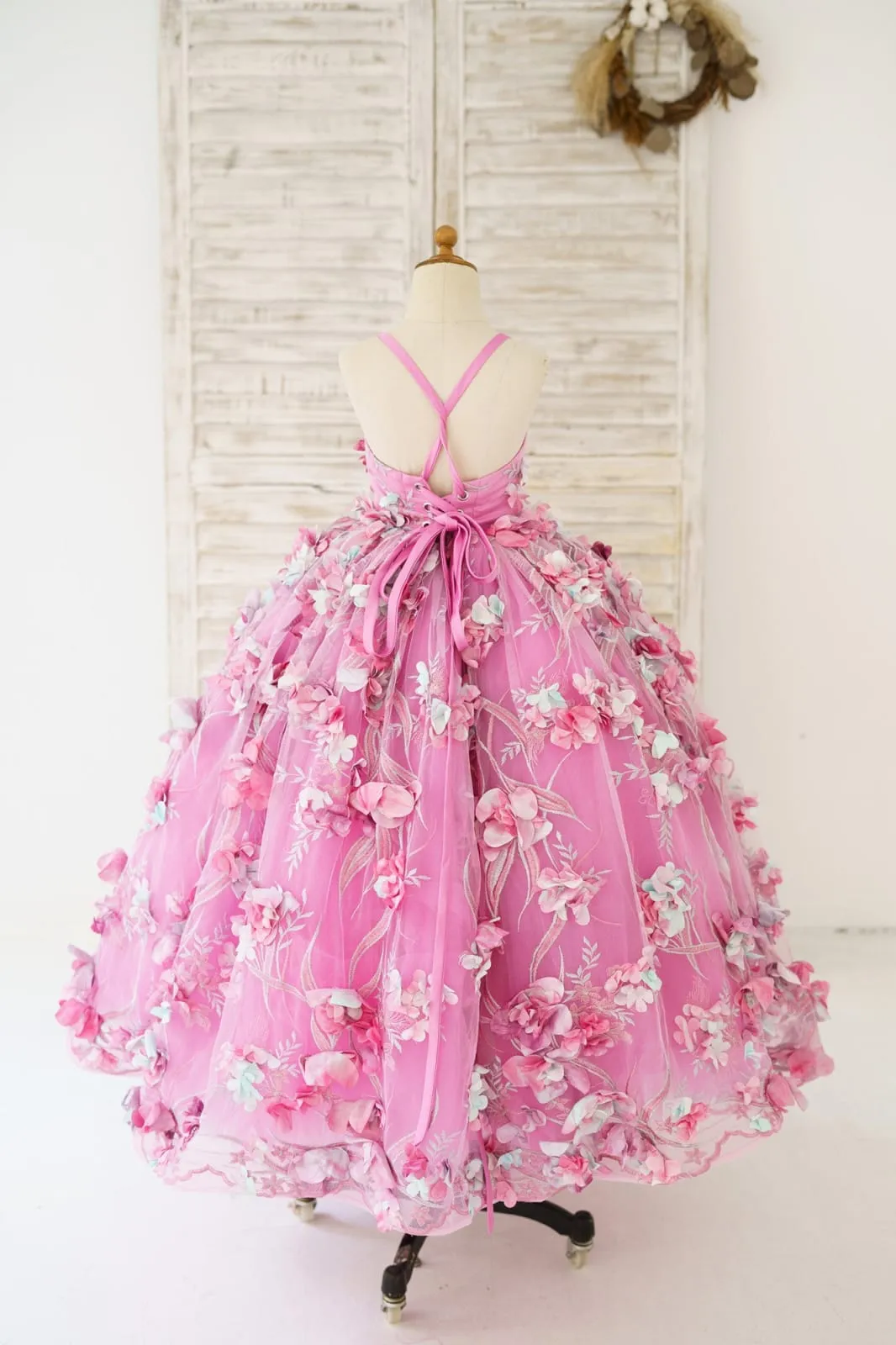 Hot Pink 3D Flower Spaghetti Straps Corset Back Wedding Flower Girl Dress