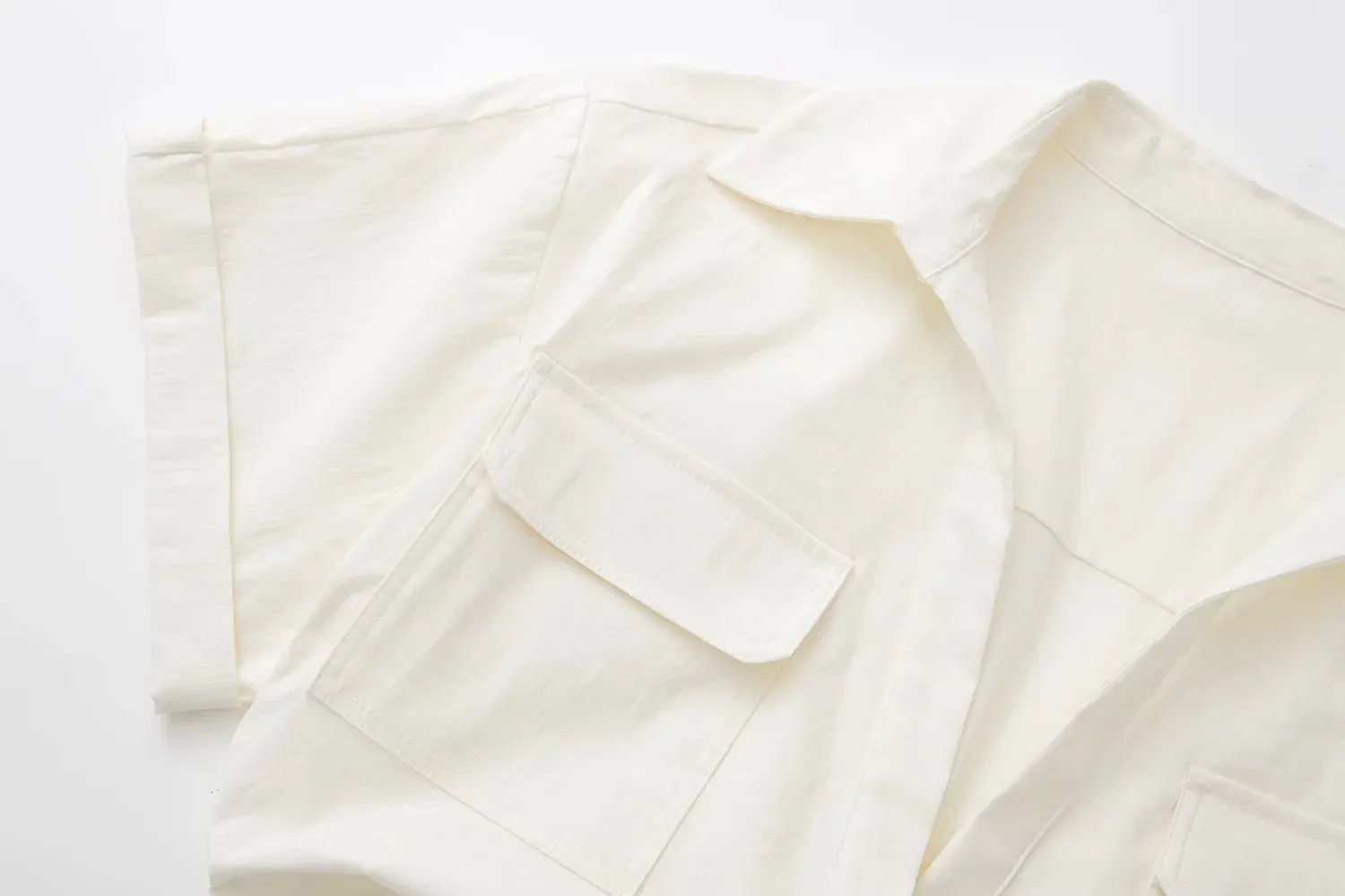 hulianfu Pockets Turn Down Collar Shirt Crop Top Cotton Linen White High Fashion Blusa Mujer Loose Casual Summer Spring Blouse