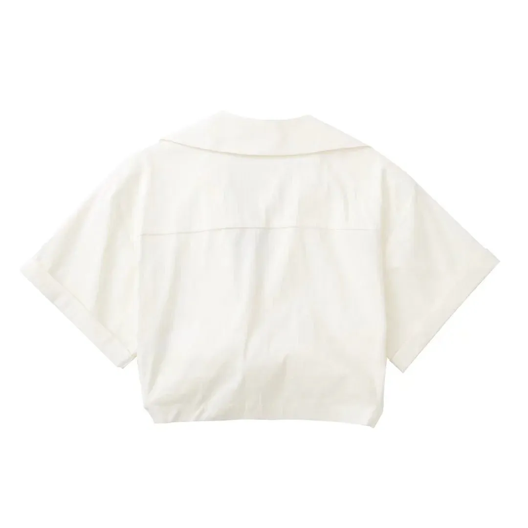 hulianfu Pockets Turn Down Collar Shirt Crop Top Cotton Linen White High Fashion Blusa Mujer Loose Casual Summer Spring Blouse