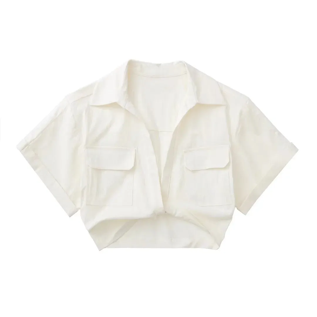 hulianfu Pockets Turn Down Collar Shirt Crop Top Cotton Linen White High Fashion Blusa Mujer Loose Casual Summer Spring Blouse