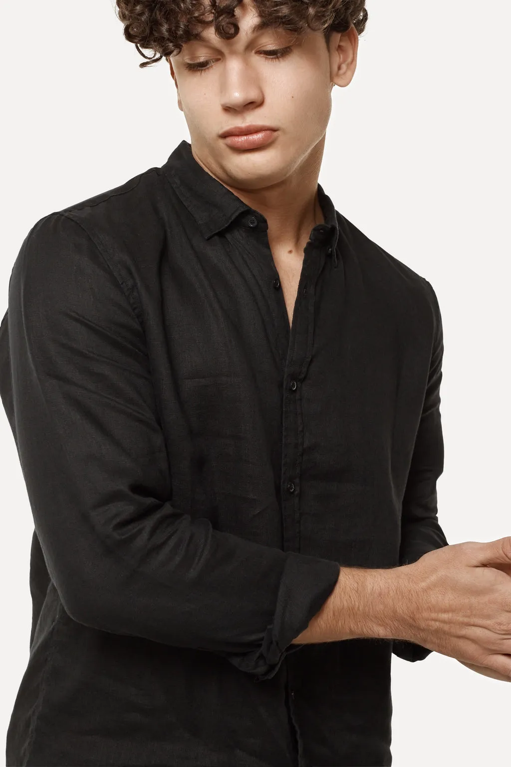 INDUSTRIE, The Tennyson Linen Long Sleeve Shirt, BLACK