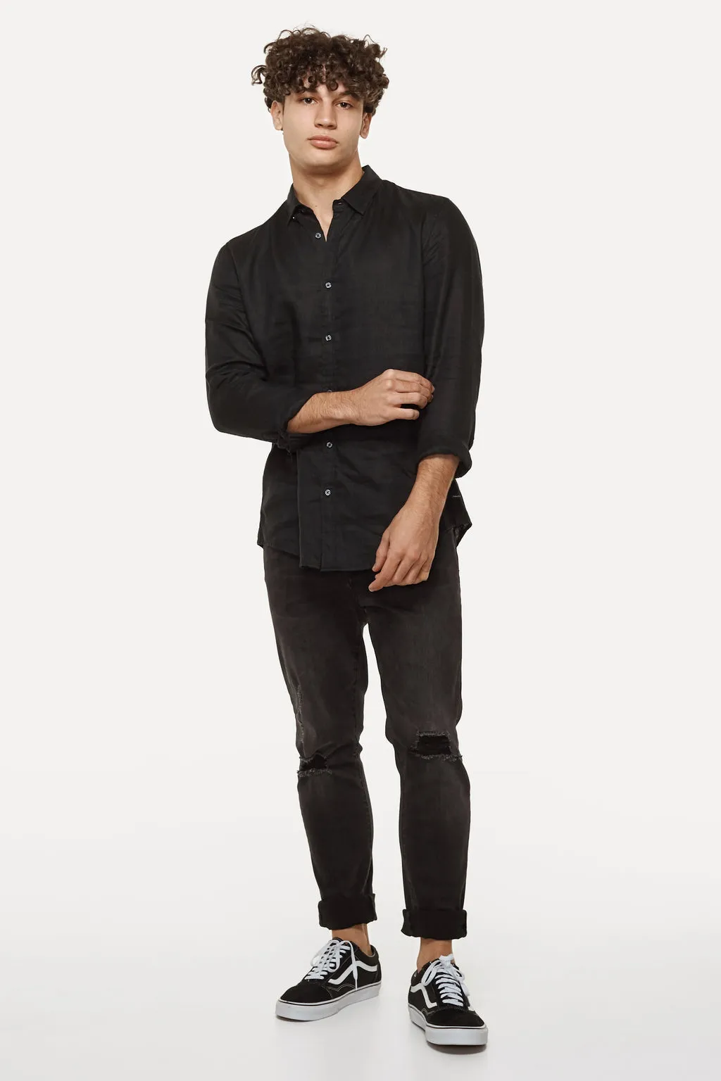 INDUSTRIE, The Tennyson Linen Long Sleeve Shirt, BLACK