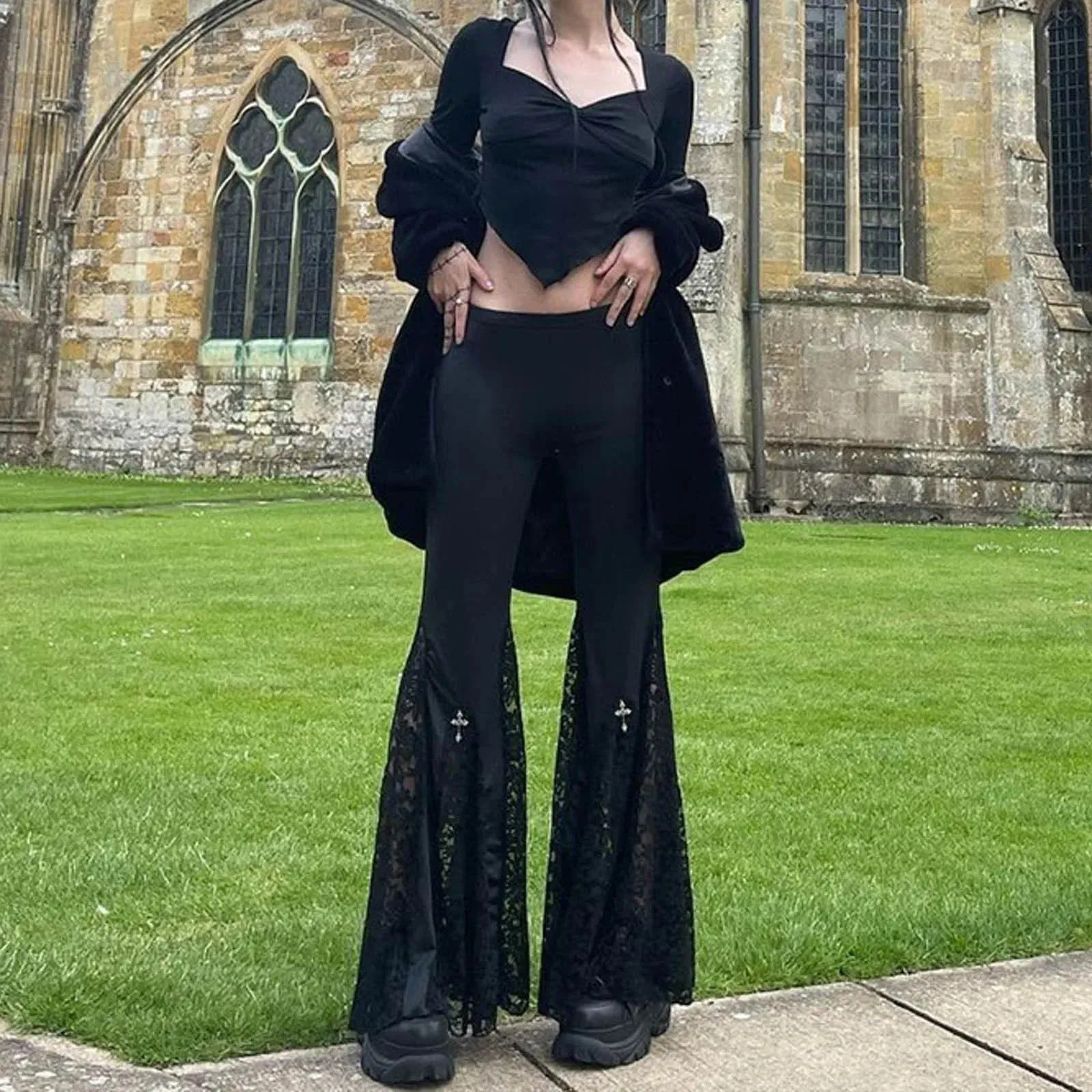 InsGoth Black Lace Patchwork High Waist Flare Pants - Vintage Gothic Vibes