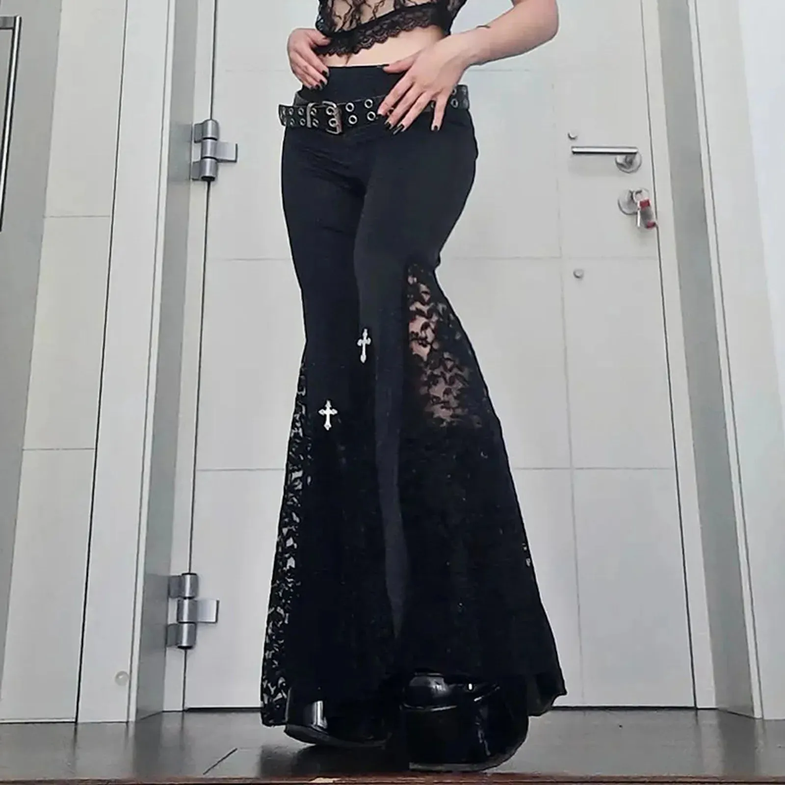 InsGoth Black Lace Patchwork High Waist Flare Pants - Vintage Gothic Vibes