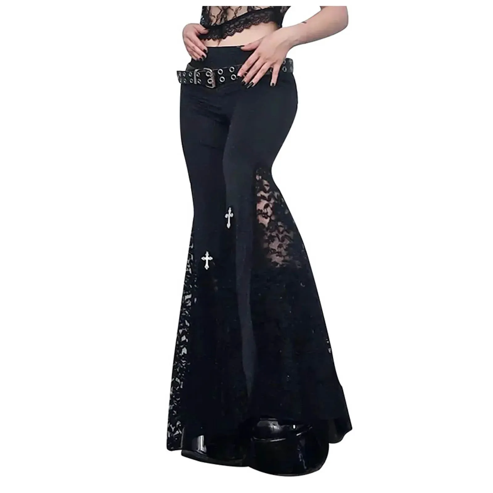 InsGoth Black Lace Patchwork High Waist Flare Pants - Vintage Gothic Vibes
