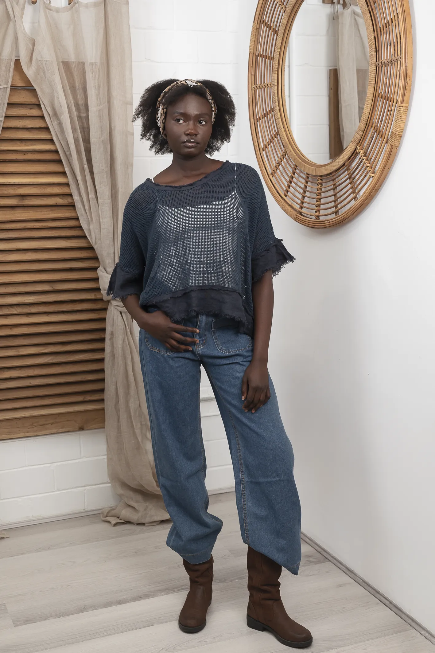 'Isla' Mesh Linen Top - Navy