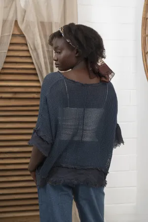 'Isla' Mesh Linen Top - Navy