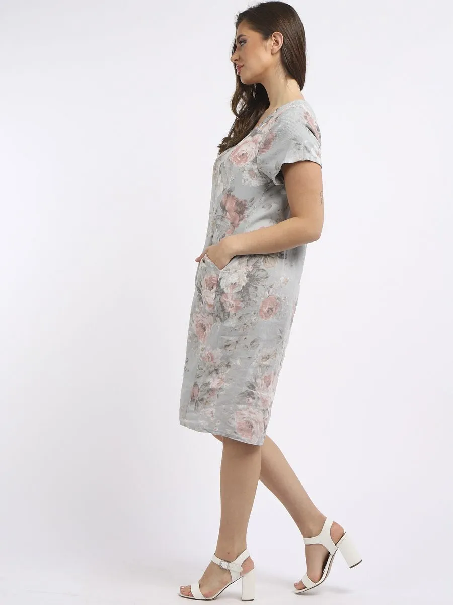 Italian Classic Shift Soft Floral Silver Linen Dress Sz 10-16