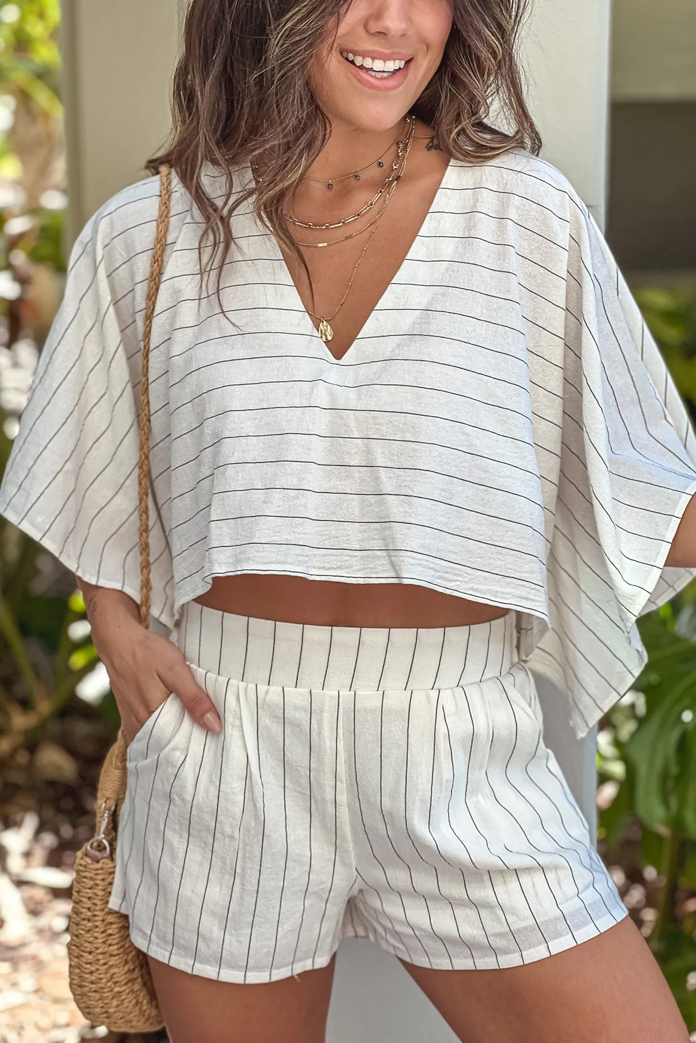 Ivory Striped Top And Short Pants Set