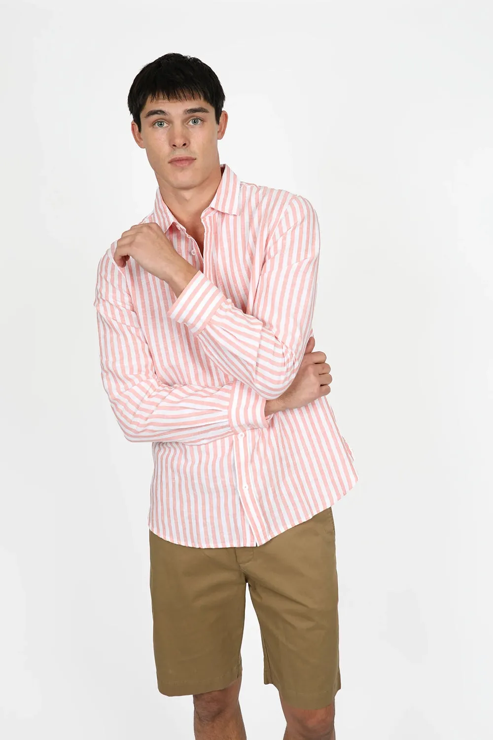JAMES HARPER LINEN COTTON BLEND EVEN STRIPE L/S SHIRT JHS558