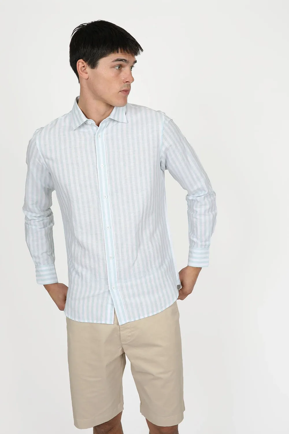 JAMES HARPER LINEN COTTON BLEND EVEN STRIPE L/S SHIRT JHS558