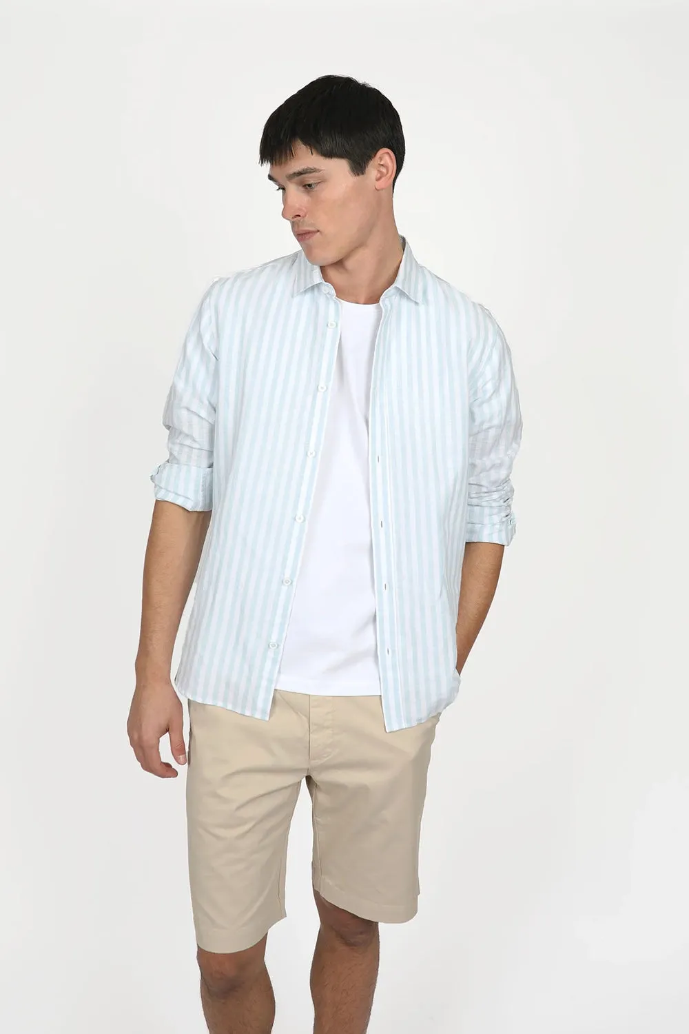 JAMES HARPER LINEN COTTON BLEND EVEN STRIPE L/S SHIRT JHS558