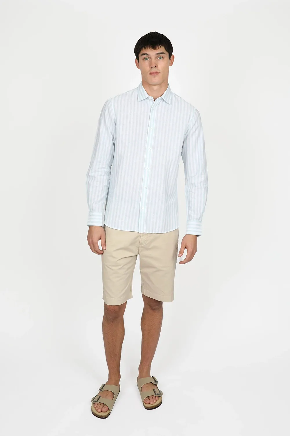 JAMES HARPER LINEN COTTON BLEND EVEN STRIPE L/S SHIRT JHS558