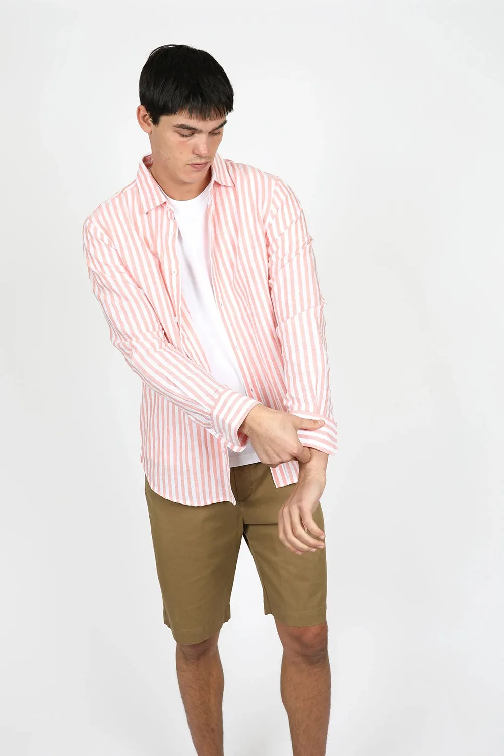 JAMES HARPER LINEN COTTON BLEND EVEN STRIPE L/S SHIRT JHS558