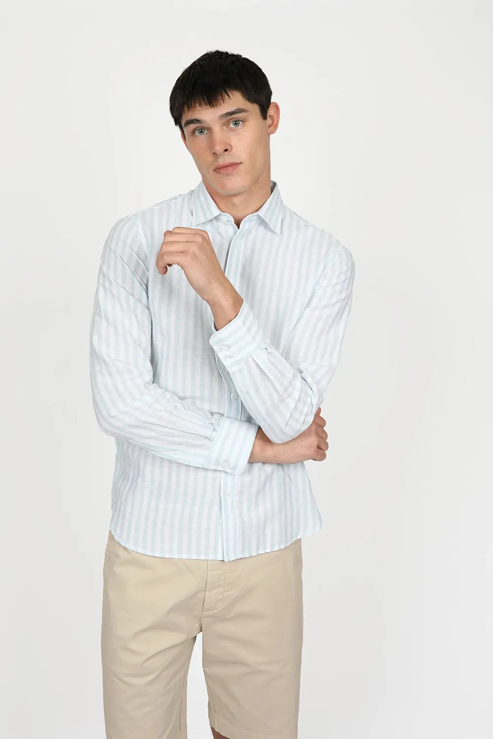 JAMES HARPER LINEN COTTON BLEND EVEN STRIPE L/S SHIRT JHS558
