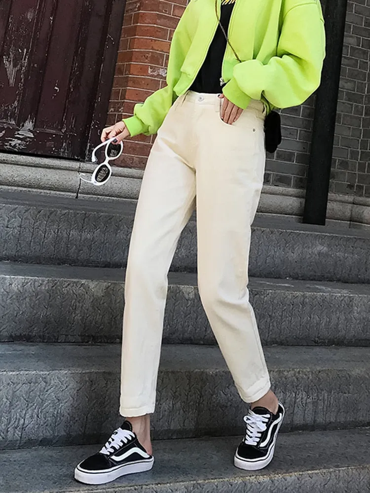Jeans for Women High Waist Casual Black Streetwear Denim Pants Beige Blue