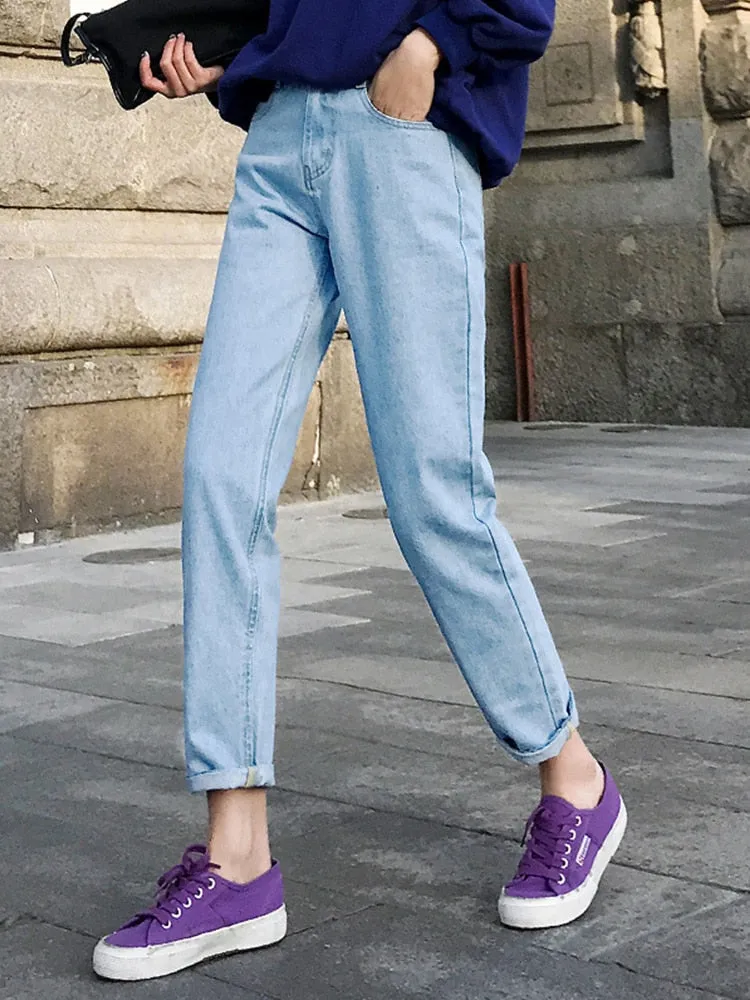 Jeans for Women High Waist Casual Black Streetwear Denim Pants Beige Blue