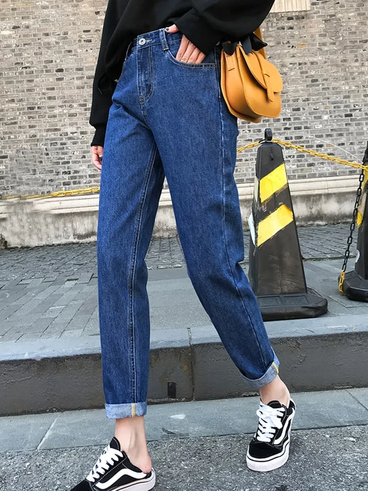 Jeans for Women High Waist Casual Black Streetwear Denim Pants Beige Blue